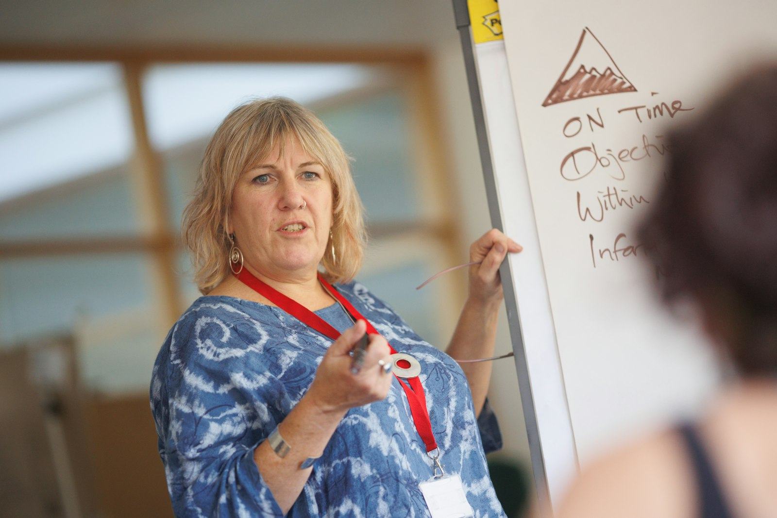 A teacher explains an idea while standing beside a whiteboard with handwritten notes.