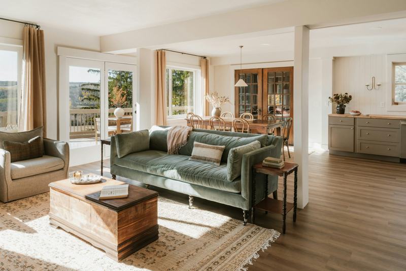 A cozy, tidy living room with a green sofa and a wooden coffee table
