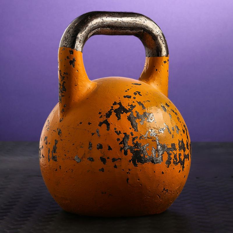A worn orange competition kettlebell on a dark floor